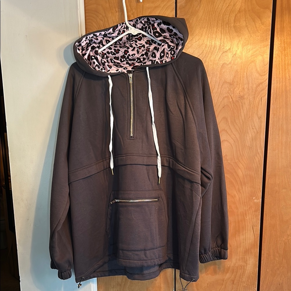 Brown Hoodie with Leopard Print Lining